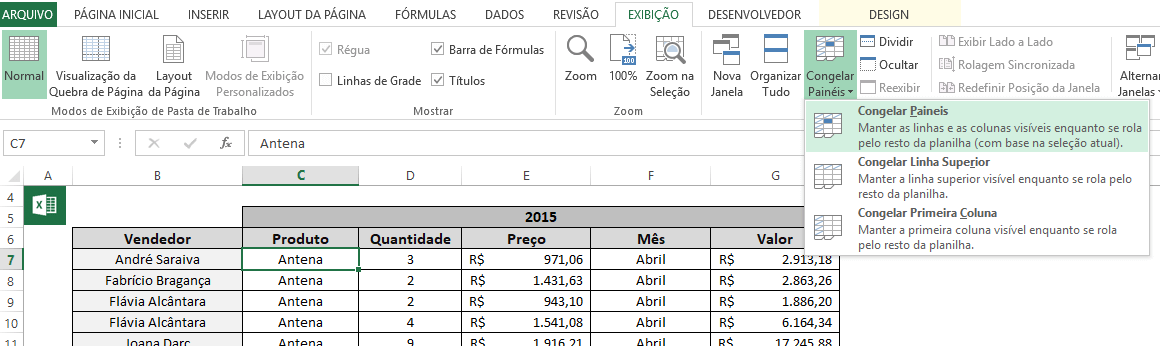 Congelar coluna e linha ao mesmo tempo.