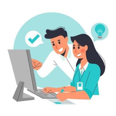 Um homem e uma mulher trabalhando em uma empresa digital através de um computador.