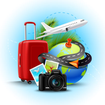 Uma imagem do planeta Terra, uma mala de viagem vermelha, uma câmera fotográfica e um avião.