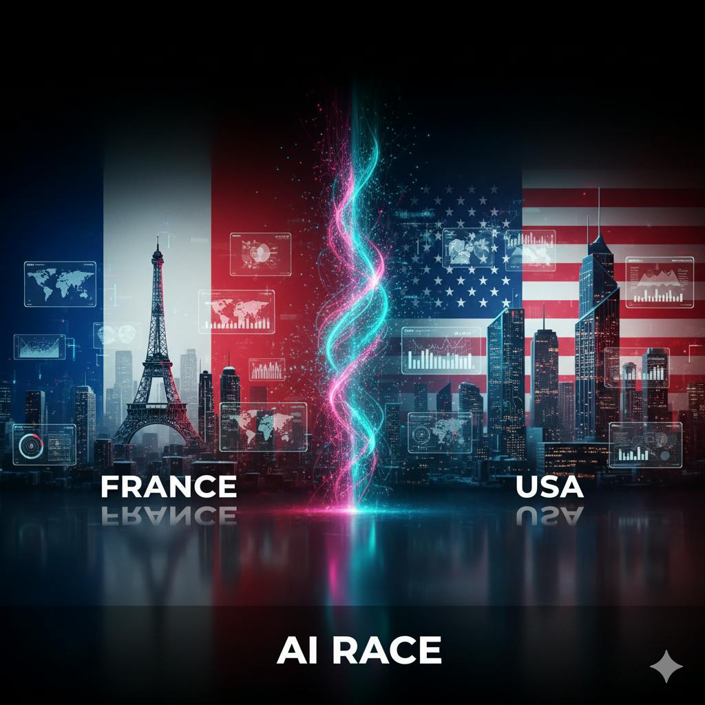 Une bannière stylisée représentant une compétition technologique dans le domaine de l'intelligence artificielle entre la France et les États-Unis, avec les drapeaux et des symboles d'innovation.