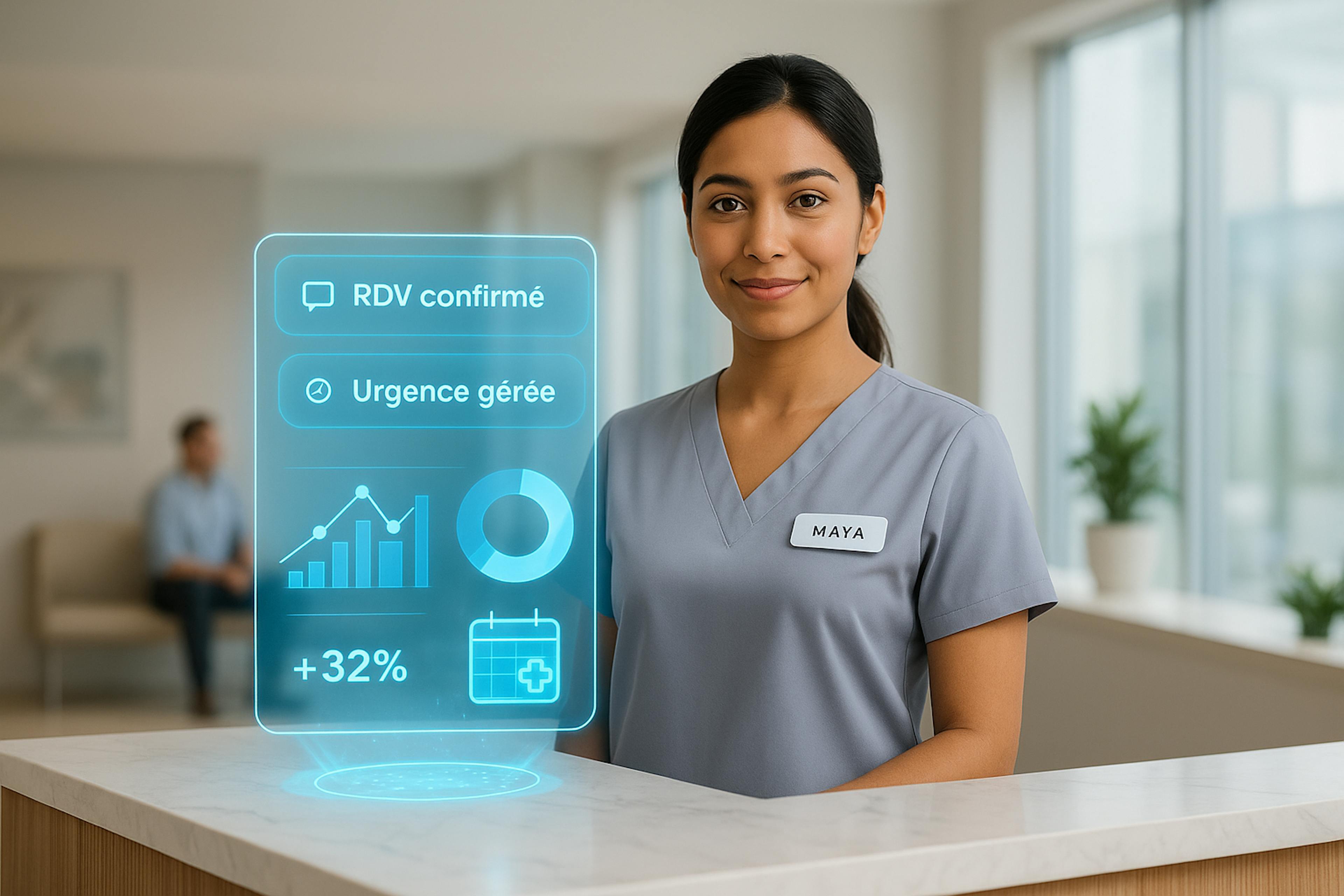 Réceptionniste souriante accueillant les patients avec une interface IA holographique flottante dans une clinique esthétique haut de gamme.
