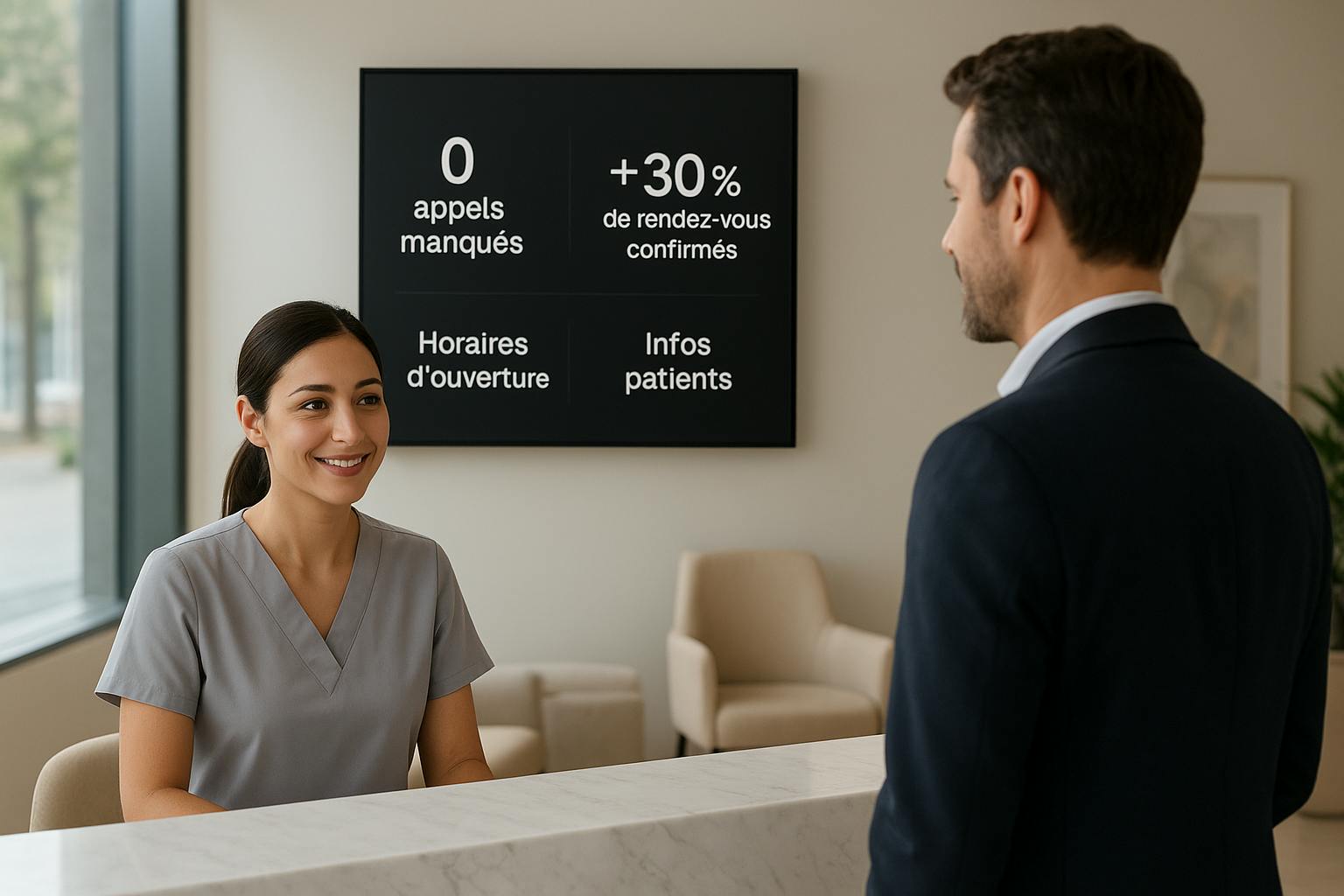 Salle d’attente lumineuse et élégante d’une clinique esthétique, avec interface IA holographique gérant les rendez-vous sans intervention humaine.