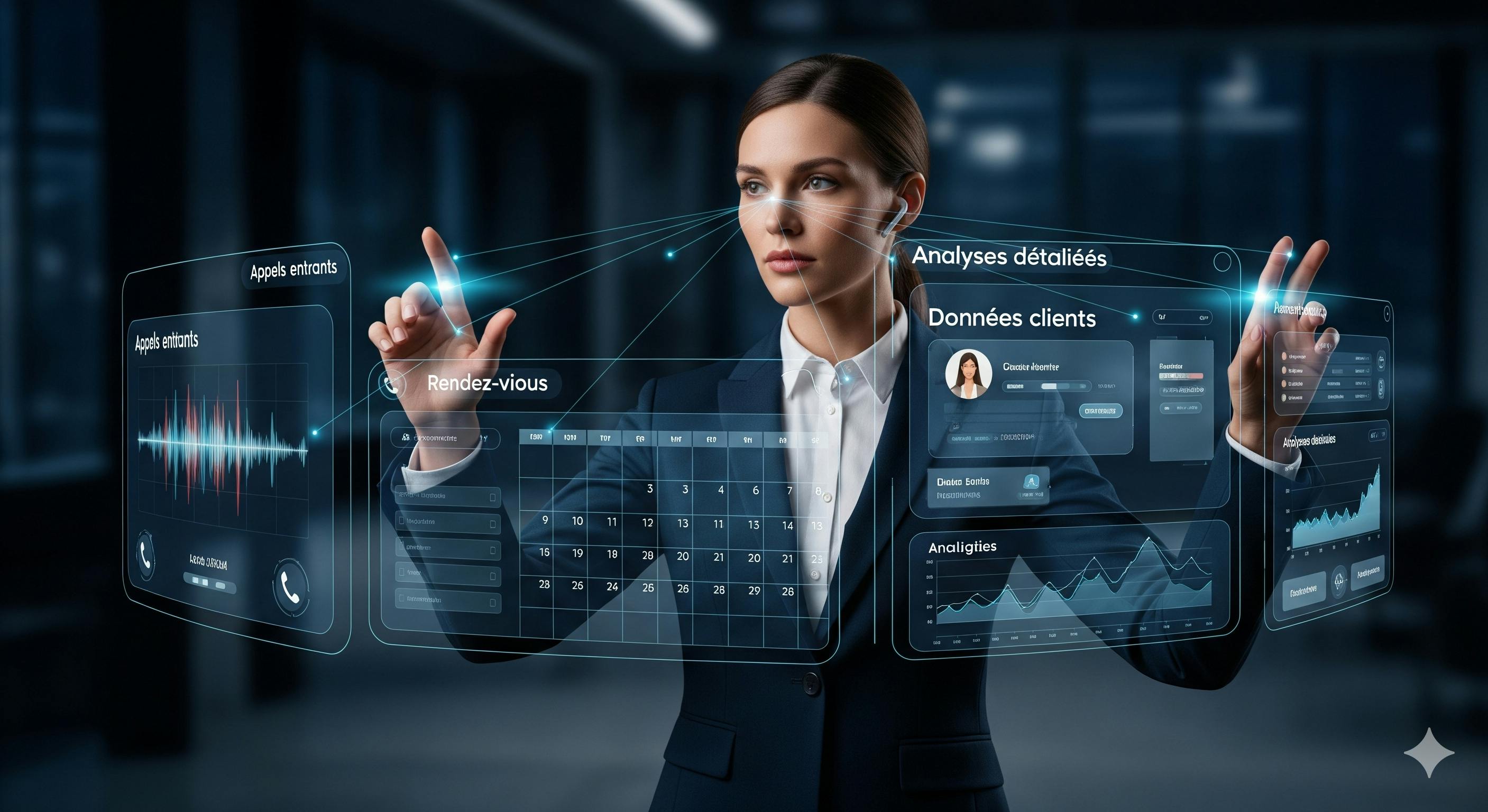Un avatar IA photoréaliste orchestrant une interface holographique affichant appels entrants, rendez-vous, données clients et analyses, symbolisant l'efficacité de VOKAI.