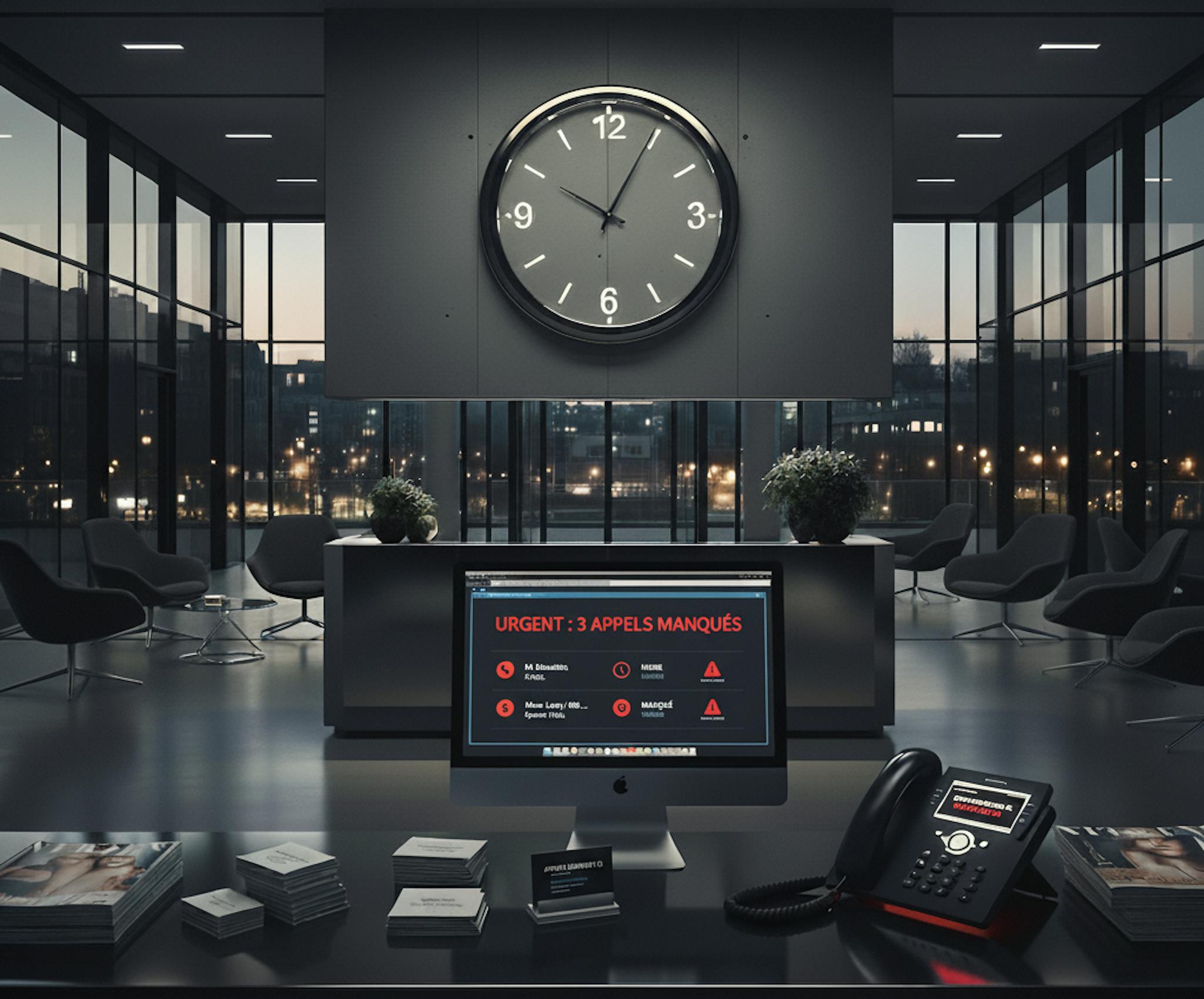 Une large réception de bureau moderne et vide en France le soir, un téléphone sonne sans réponse, symbolisant les opportunités commerciales manquées après les heures de travail.