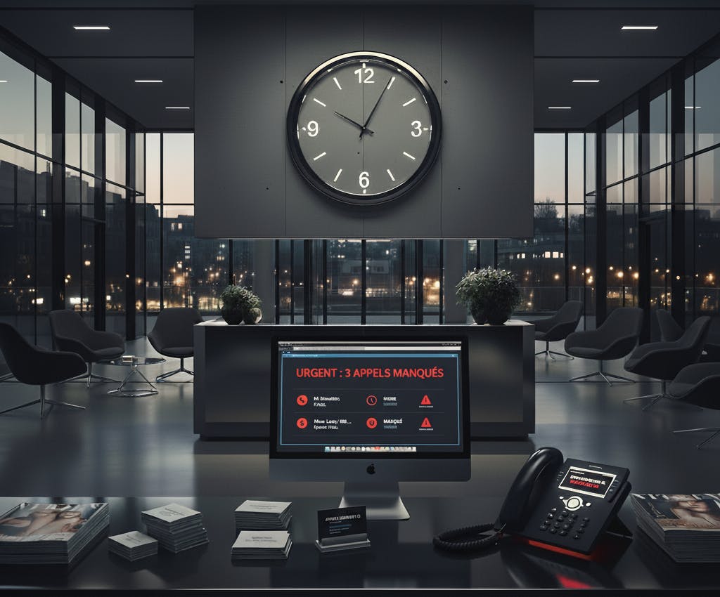 Une large réception de bureau moderne et vide en France le soir, un téléphone sonne sans réponse, symbolisant les opportunités commerciales manquées après les heures de travail.