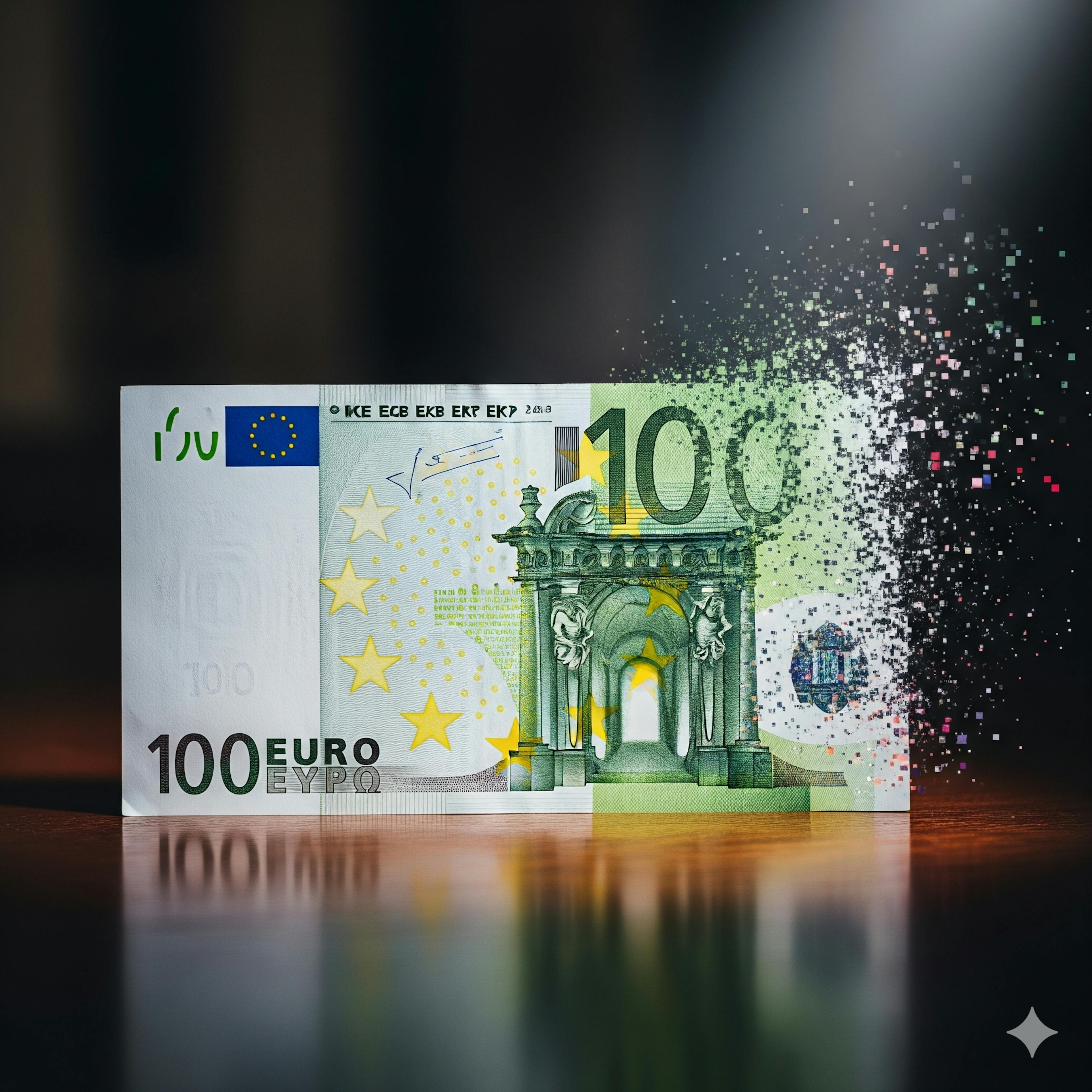 Un billet de 100 euros se désintégrant en pixels sur un bureau, métaphore de la perte d'argent due à un appel téléphonique manqué pour une PME.