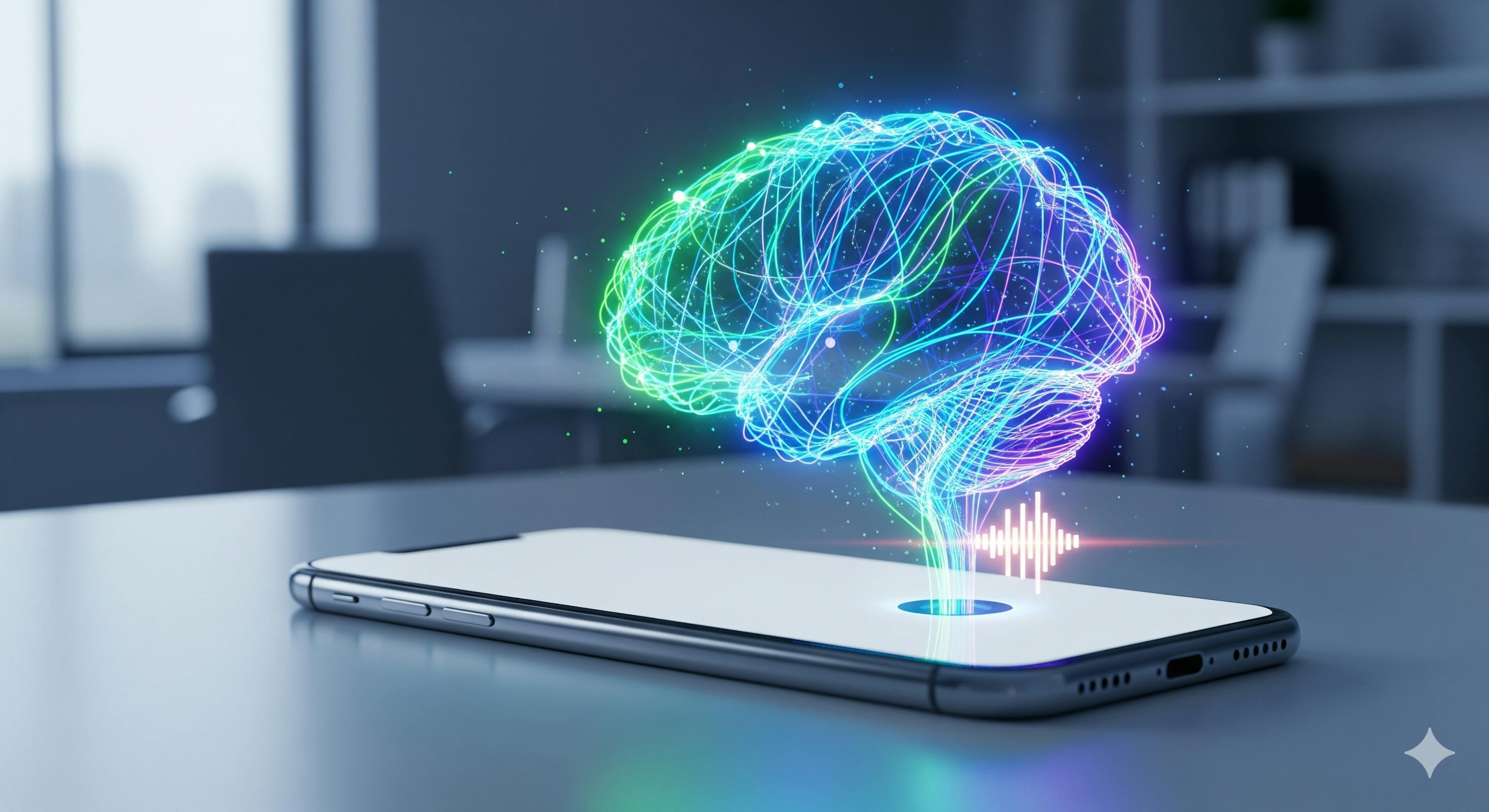 Bannière large montrant un cerveau virtuel au centre, entouré de bulles de fonctionnalités comme 'Prise de RDV' et 'Gestion Clients', illustrant la polyvalence de l'IA téléphonique VOKAI.