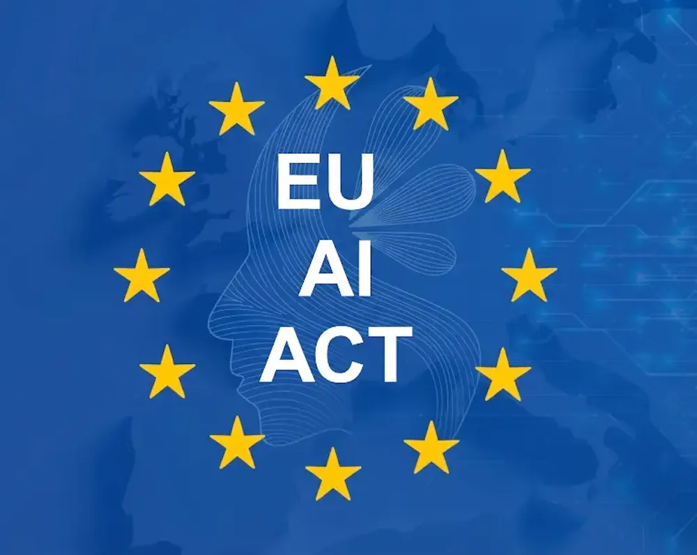 Abstract European flag with 'EU AI Act' text and Volcanic Minds logo