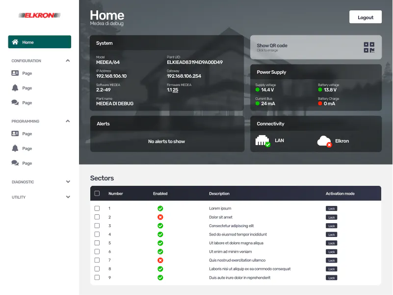 Elkron web dashboard for IoT alarm device configuration and management