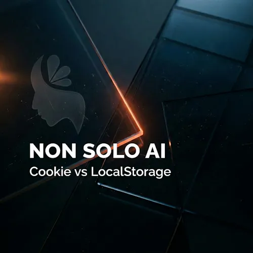 Copertina articolo "Non solo AI". Vetro scuro con logo Volcanic Minds inciso a sinistra e titolo bianco in basso a destra.