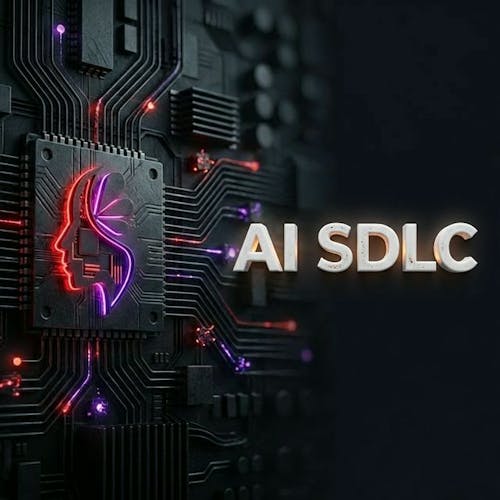 Conceptual illustration of an AI Agent integrated into the software development lifecycle, Volcanic Minds Dark Mode style.