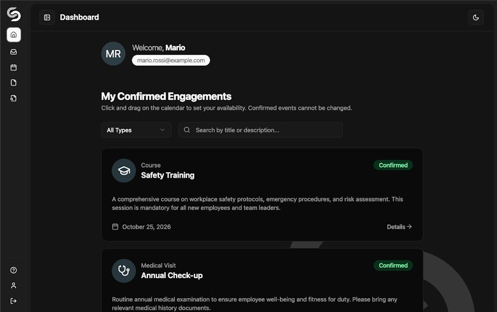 Case Studies: corporate training compliance ERP dashboard (dark) developed by volcanicminds.com