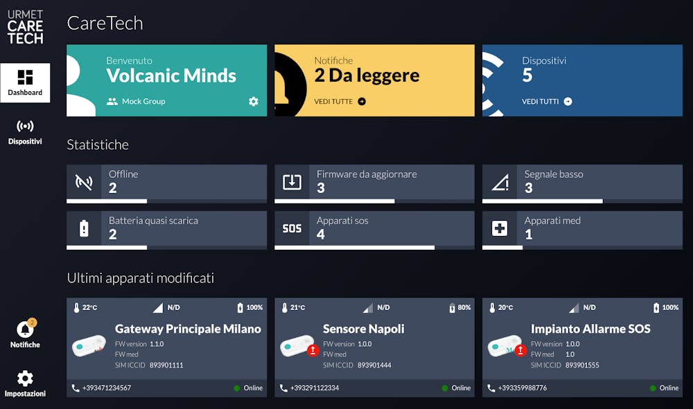 Case Studies: telecare monitoring dashboard with devices and states (dark) developed by volcanicminds.com