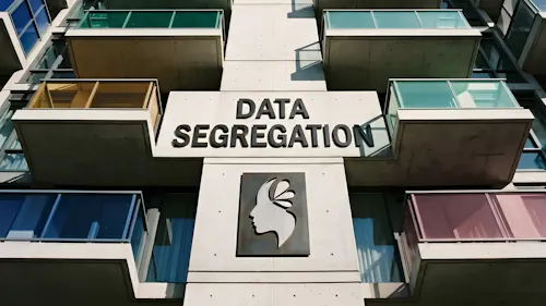 Low-angle shot of a modern symmetrical concrete building, with the text "DATA SEGREGATION" and Volcanic Minds realistically engraved into the facade.