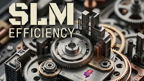 A central metal plate with the Volcanic Minds logo and text, surrounded by precision metal gears and microscopic mechanical components. At the top left, the bold text reads "SLM EFFICIENCY".