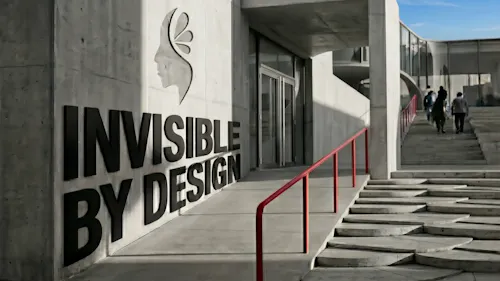 Concrete building entrance with volcanicminds.com logo, "INVISIBLE BY DESIGN" text, a ramp, and stairs. Aspect ratio 16:9.