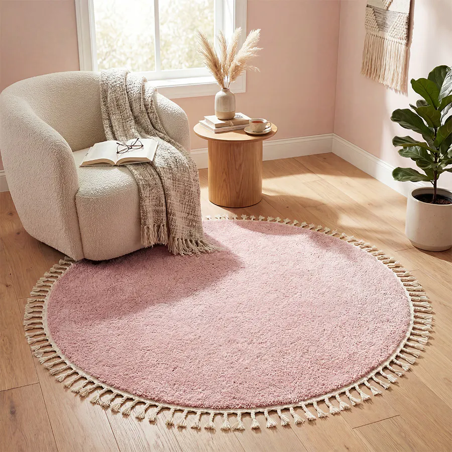 Okrągły dywan Shaggy Lofty Fringe Różowy