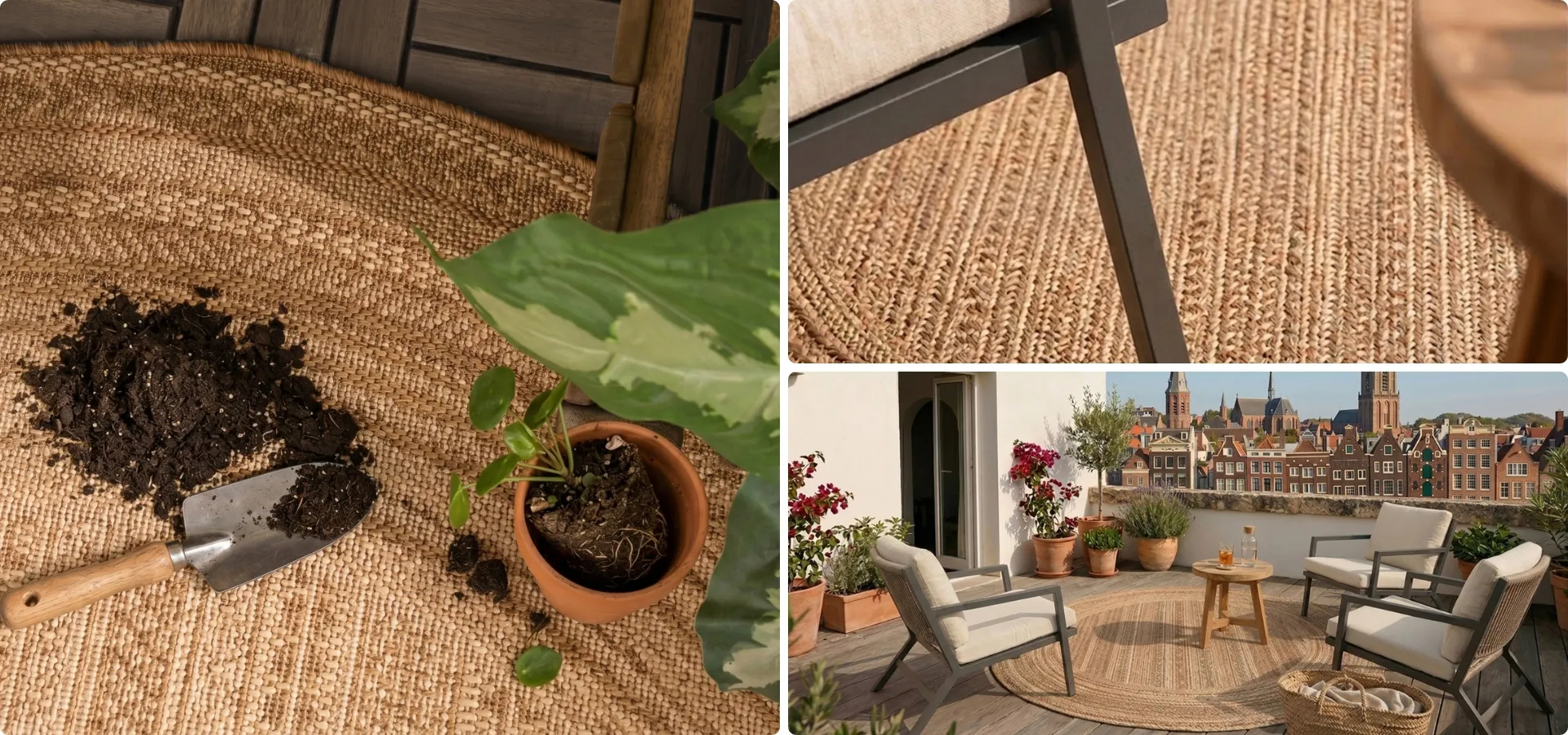 Jute Outdoor Teppiche auf Balkon und Terrasse mit Pflanzen, Loungemöbeln und natürlichen Materialien für einen ruhigen Außenbereich