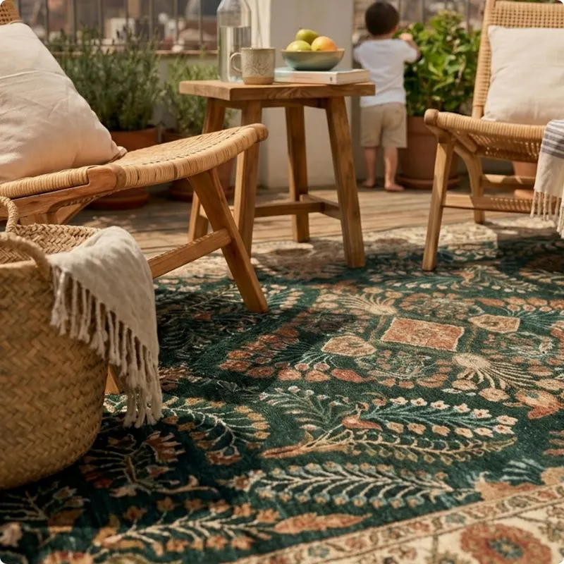 Detail eines grünen Vintage Outdoor Teppichs auf einem Balkon mit Holzmöbeln und sonniger Outdoor-Oase