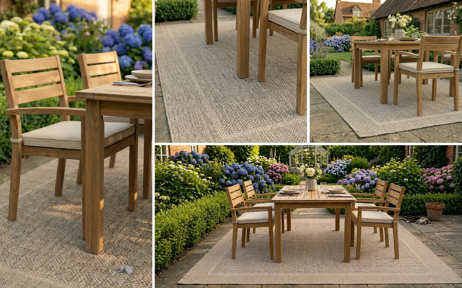 Jute Outdoor Teppich unter einer Holz-Gartengarnitur in einem blühenden Traumgarten mit natürlichen Farben und ruhiger Ausstrahlung