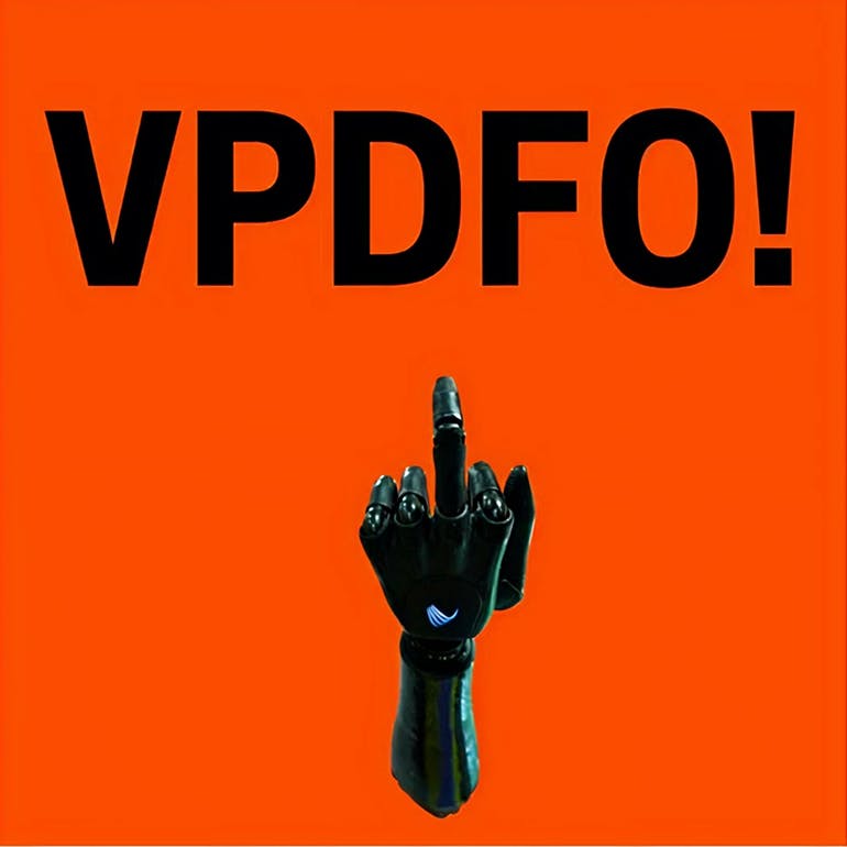 In the picture - VPDFO! logo and a black middle finger