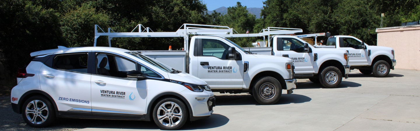 Ventura River Water District vehicle fleet showing 3 work trucks and a small sedan