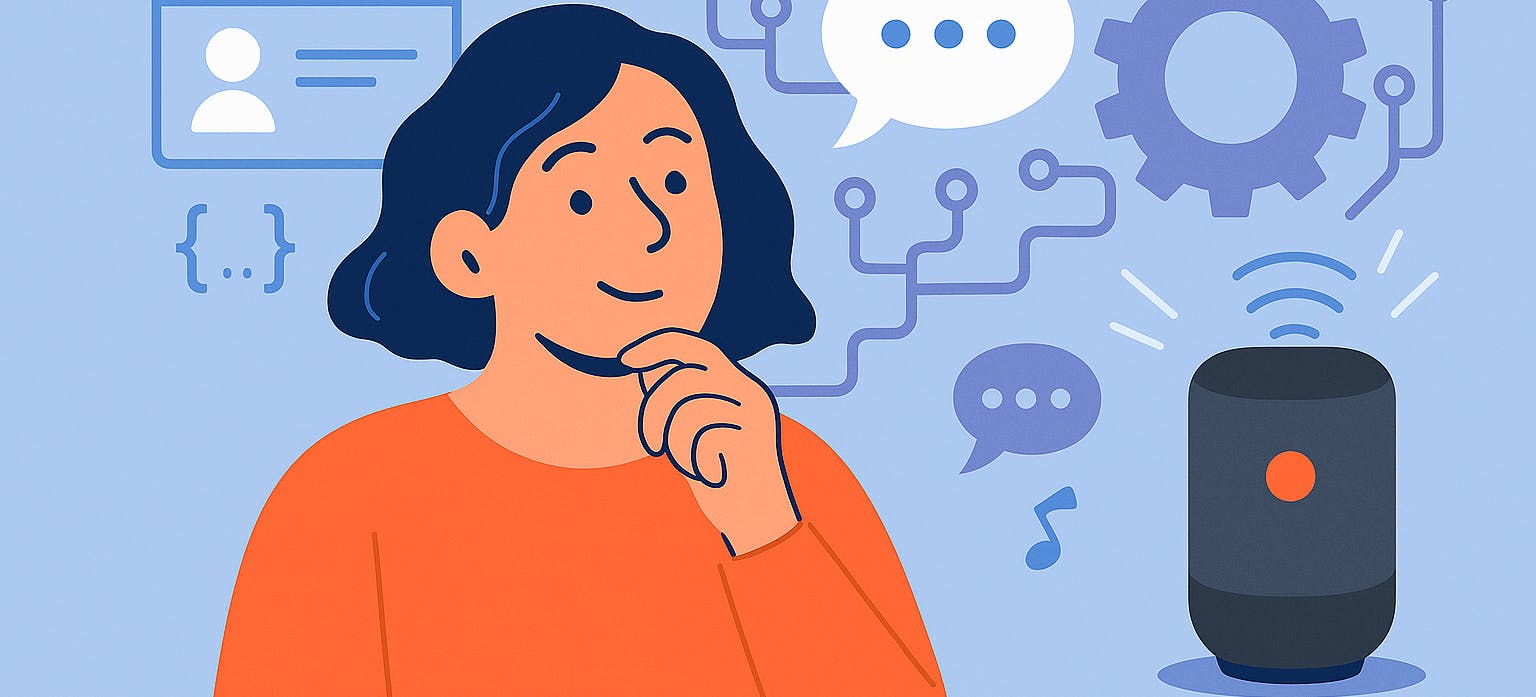 A modern illustration of a woman thinking about her AI-powered smart speaker, with icons representing voice commands, user data, and processing
