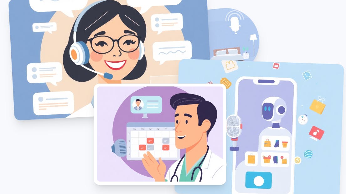 A collage illustrating the use of AI assistants and chatbots in various industries: customer support, healthcare scheduling, and mobile e-commerce