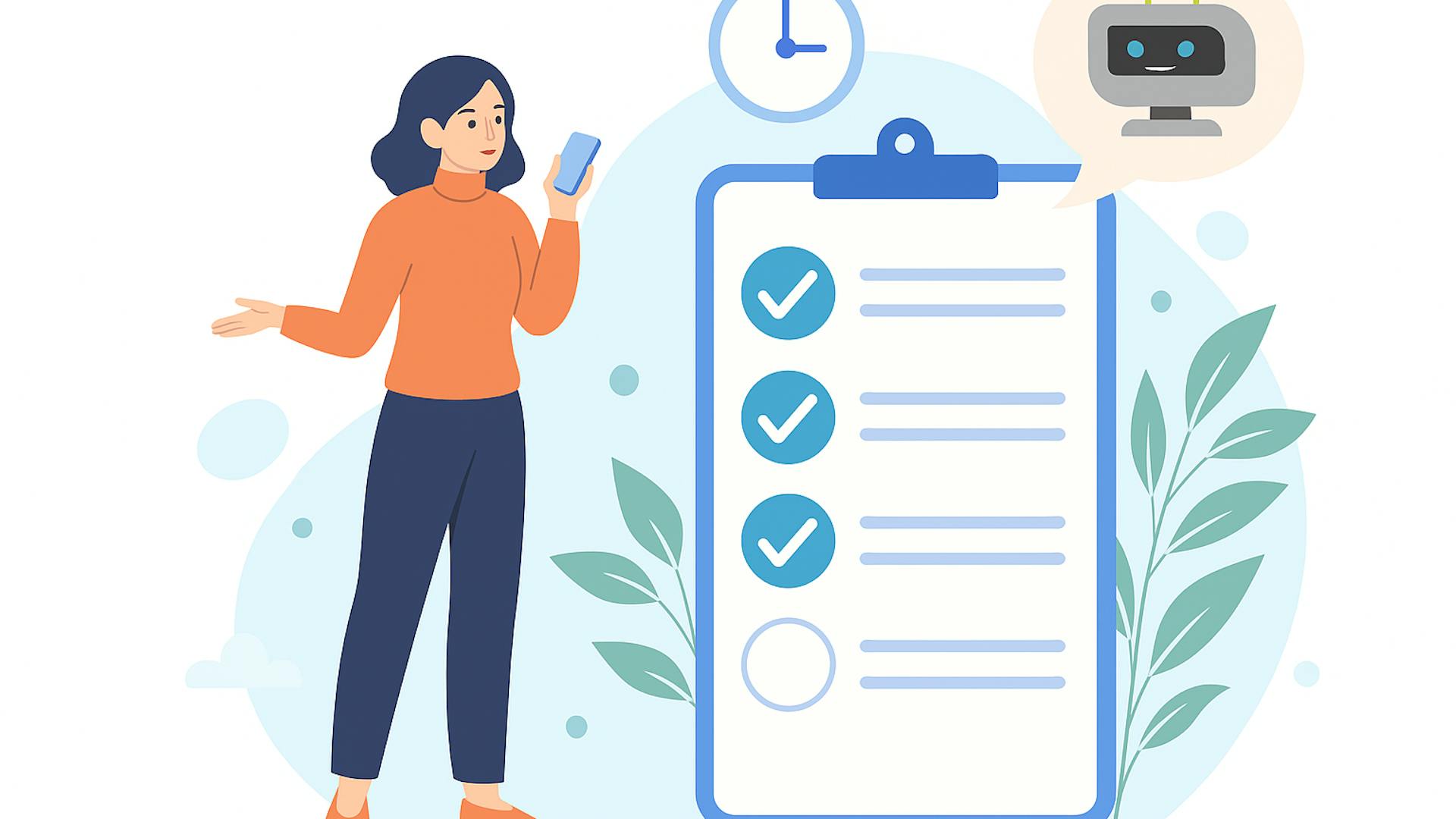 An illustration of a woman using her smartphone to interact with an AI chatbot, which is checking off tasks on a large clipboard, symbolizing productivity and automation