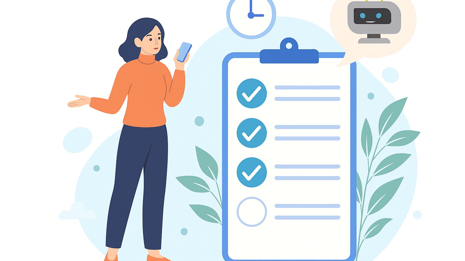 An illustration of a woman using her smartphone to interact with an AI chatbot, which is checking off tasks on a large clipboard, symbolizing productivity and automation