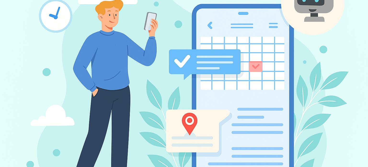 An illustration of a man using his smartphone to schedule an appointment. A large calendar on the phone's screen shows a confirmed booking, assisted by a friendly AI chatbot icon