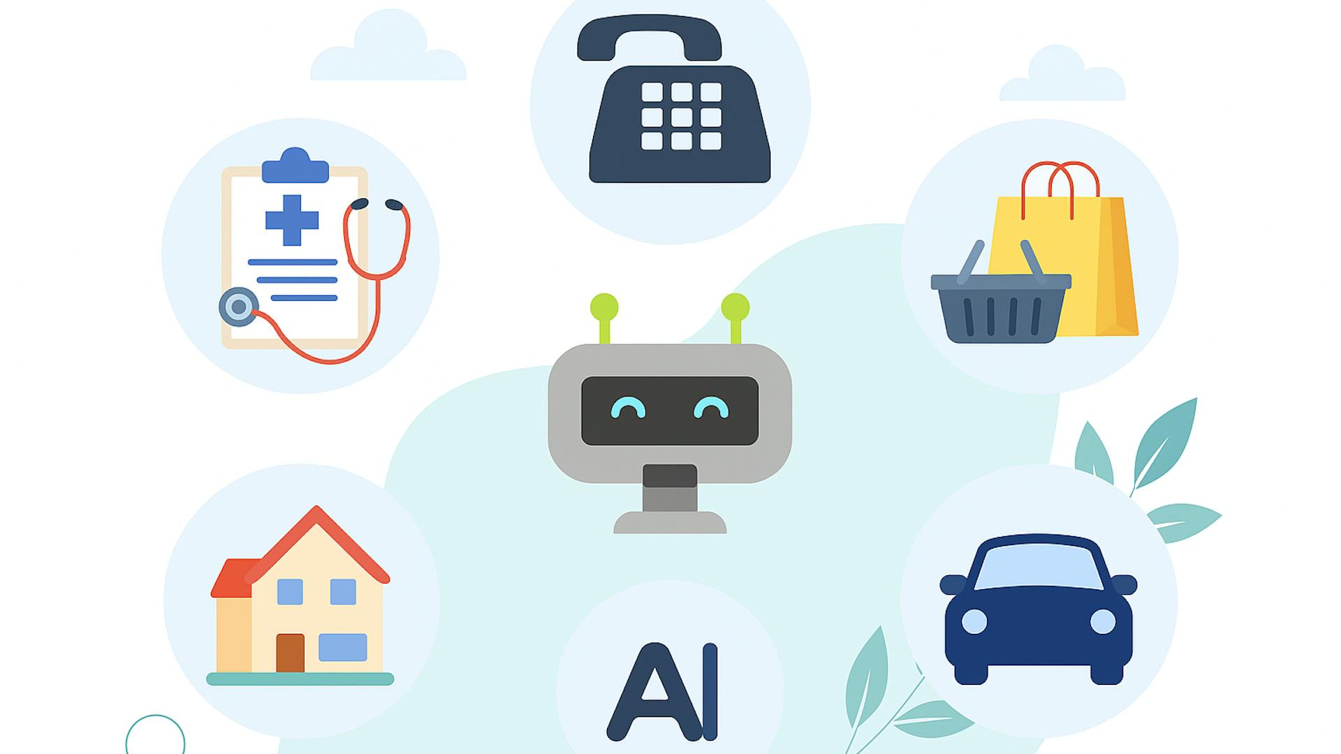 A conceptual illustration of Artificial Intelligence (AI) applications. A friendly robot icon labeled 'AI' is at the center, surrounded by icons for various industries including healthcare, telecommunications, retail, automotive, and real estate