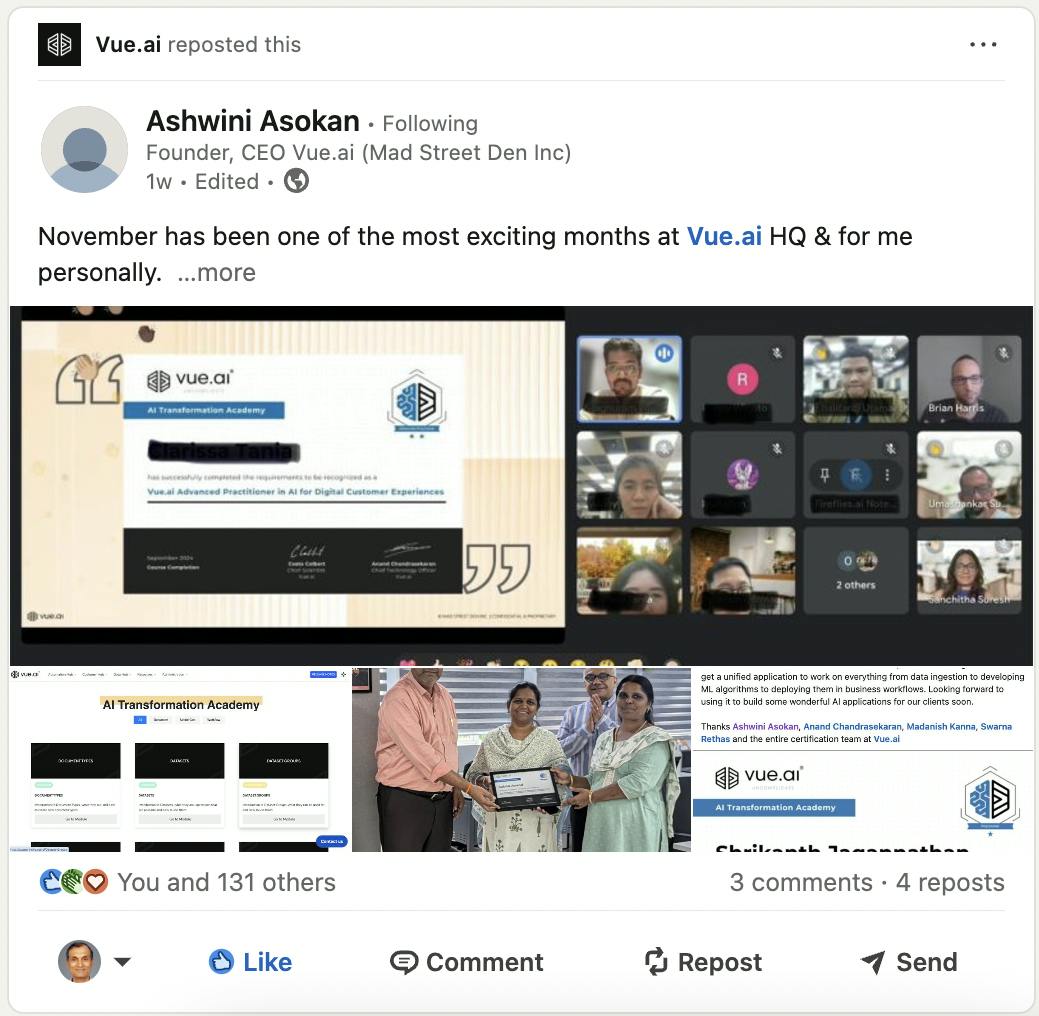 Ashwini Asokan, Founder and CEO, Vue.ai shares milestones from Nov '24