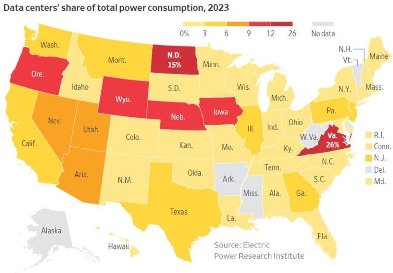 Data centers' share of power USA map