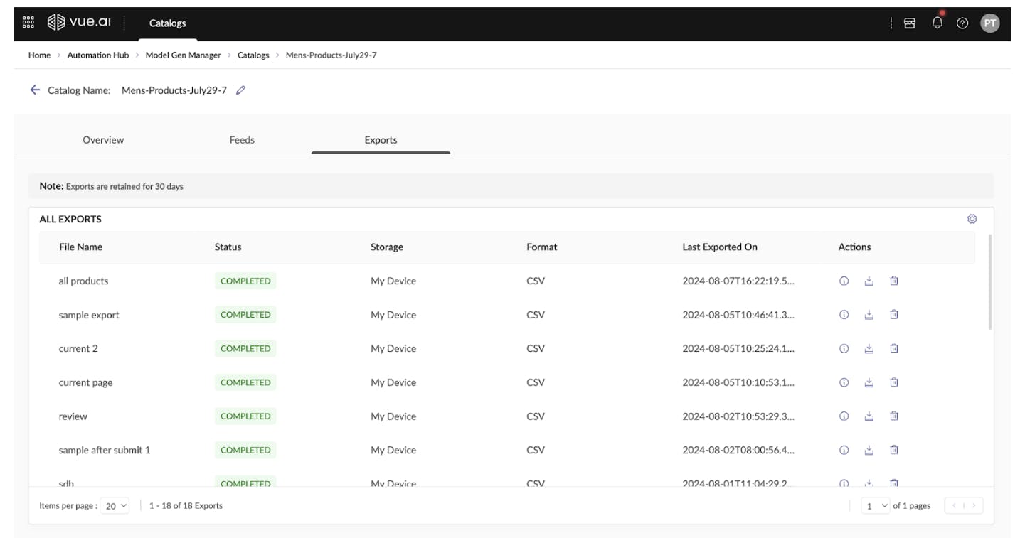 Managing catalogs on the Vue.ai platform - user interface