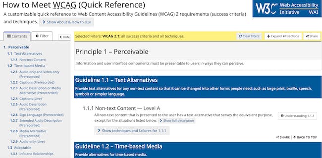 Screenshot of the WCAG Quick Reference web page