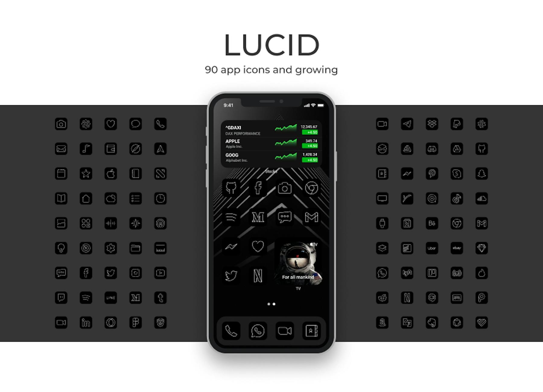 An iPhone homescreen displays the black icon version of Lucid Free custom iOS icons.