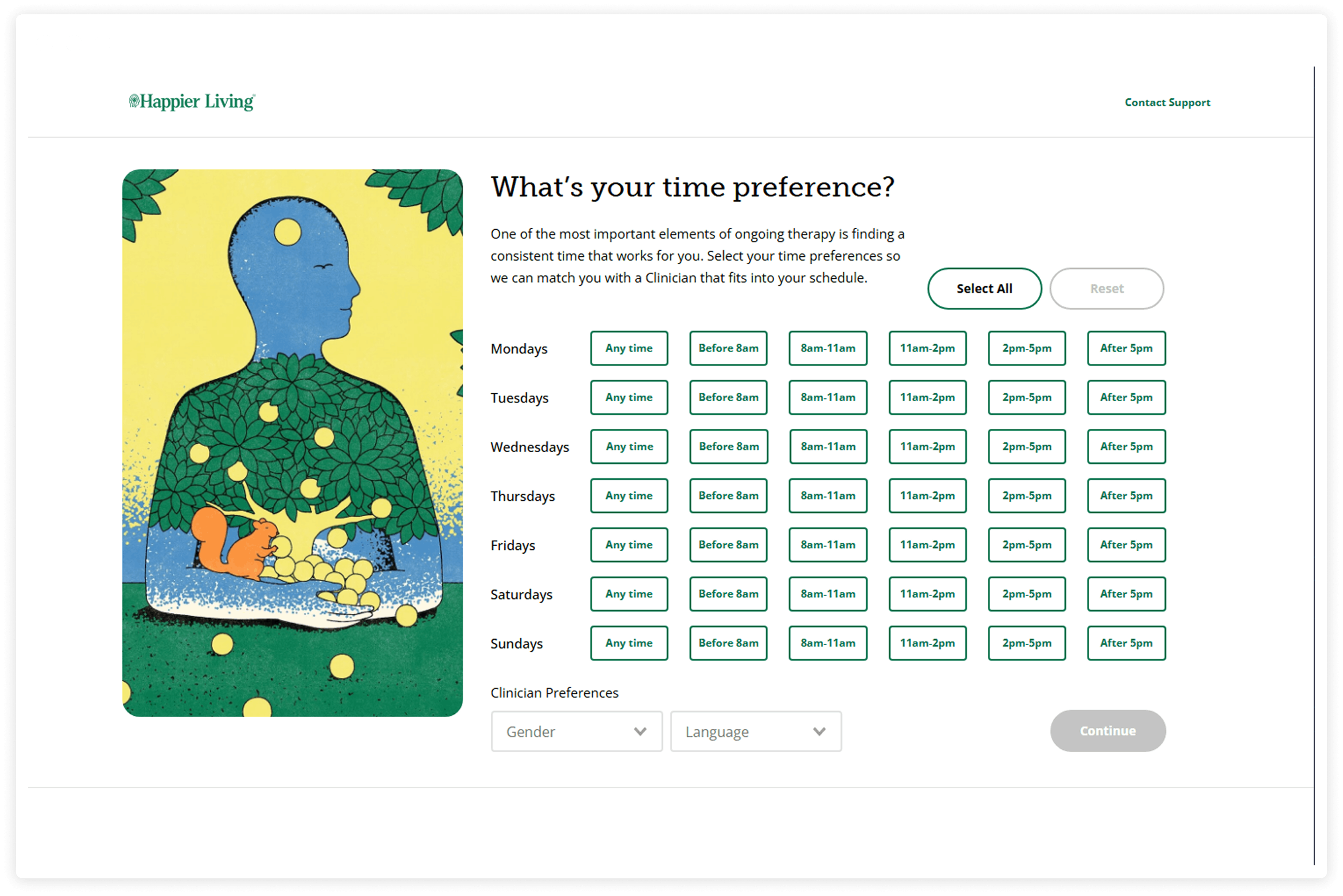 Happier Living scheduling screen