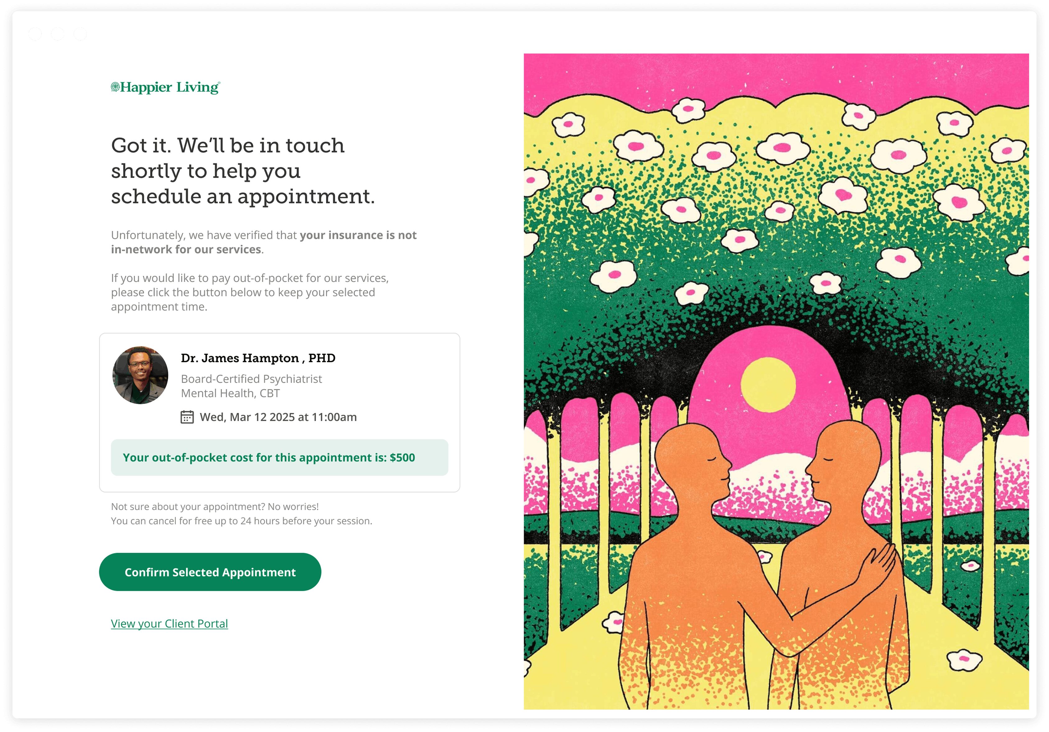 Happier Living confirmation screen