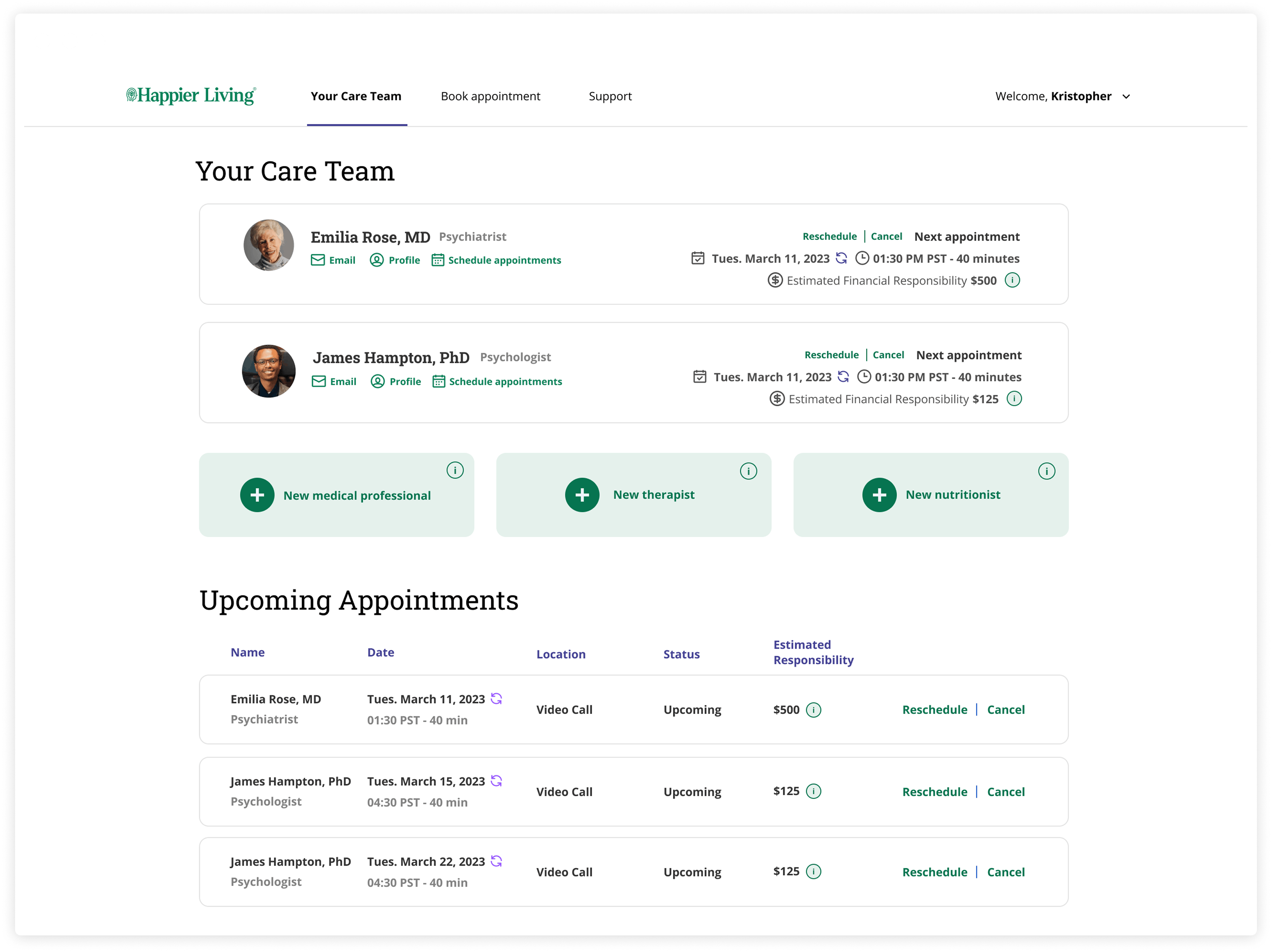 Happier Living care team screen