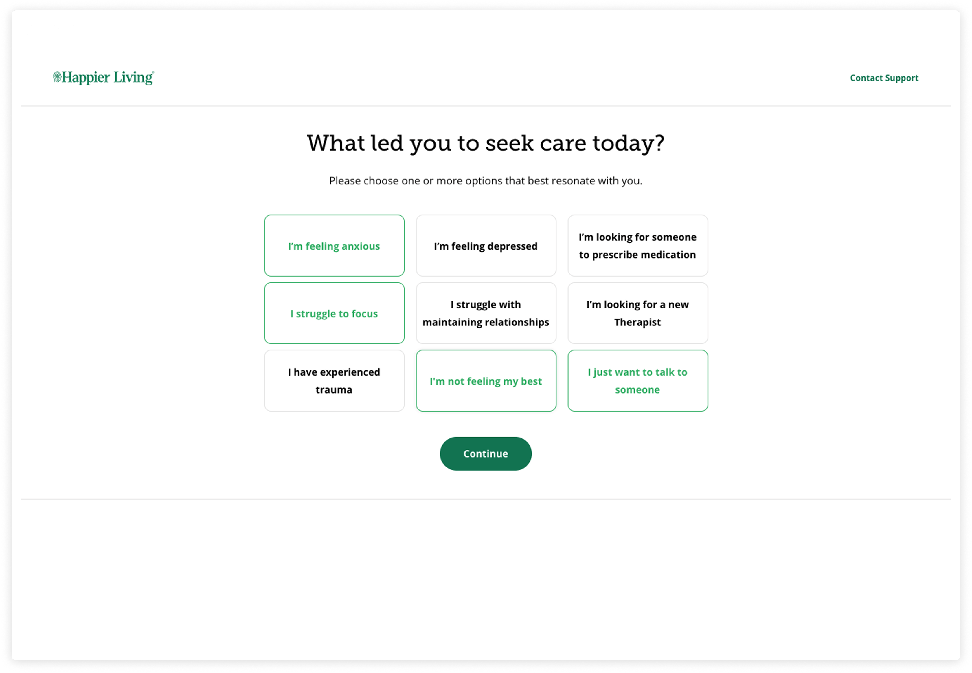 Happier Living questionnaire screen
