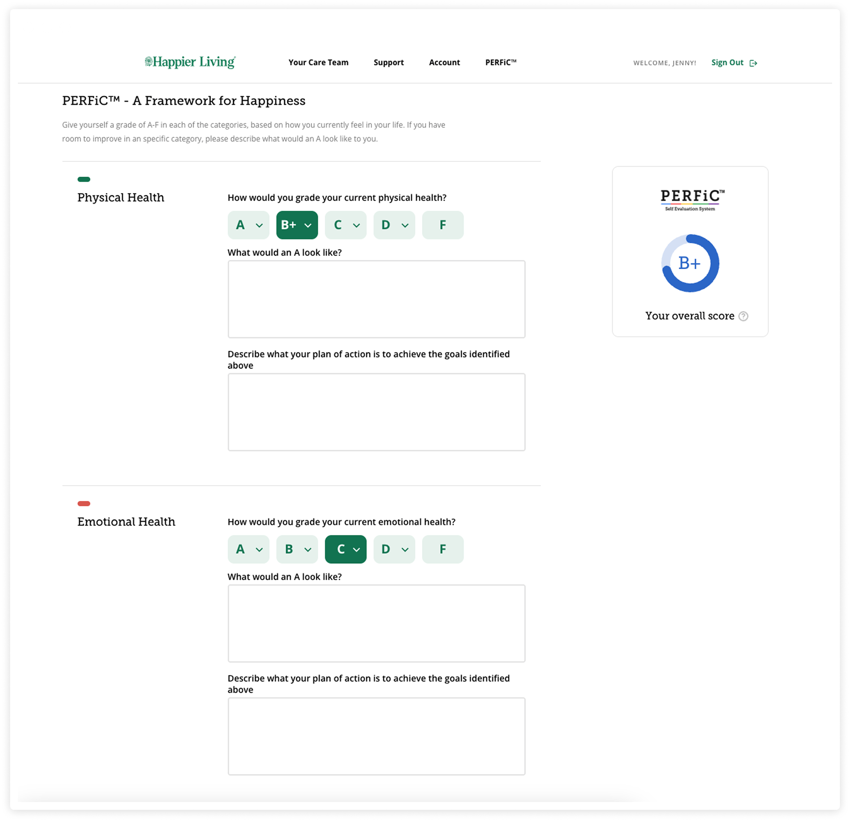 Happier Living PERFiC self evaluation screen