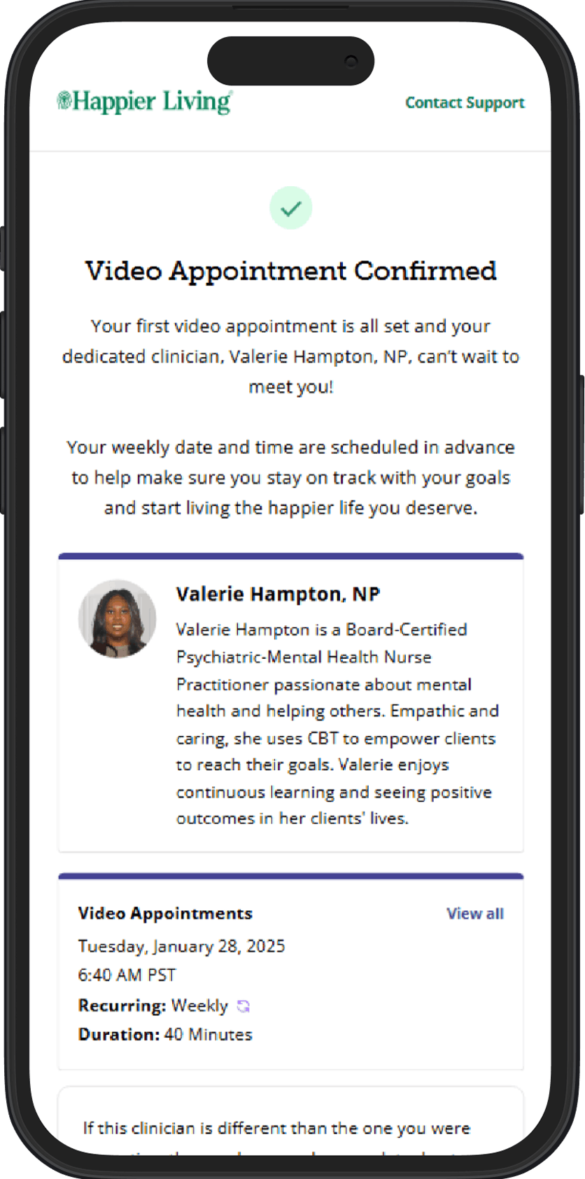 Happier Living Appointment Confirmation screen
