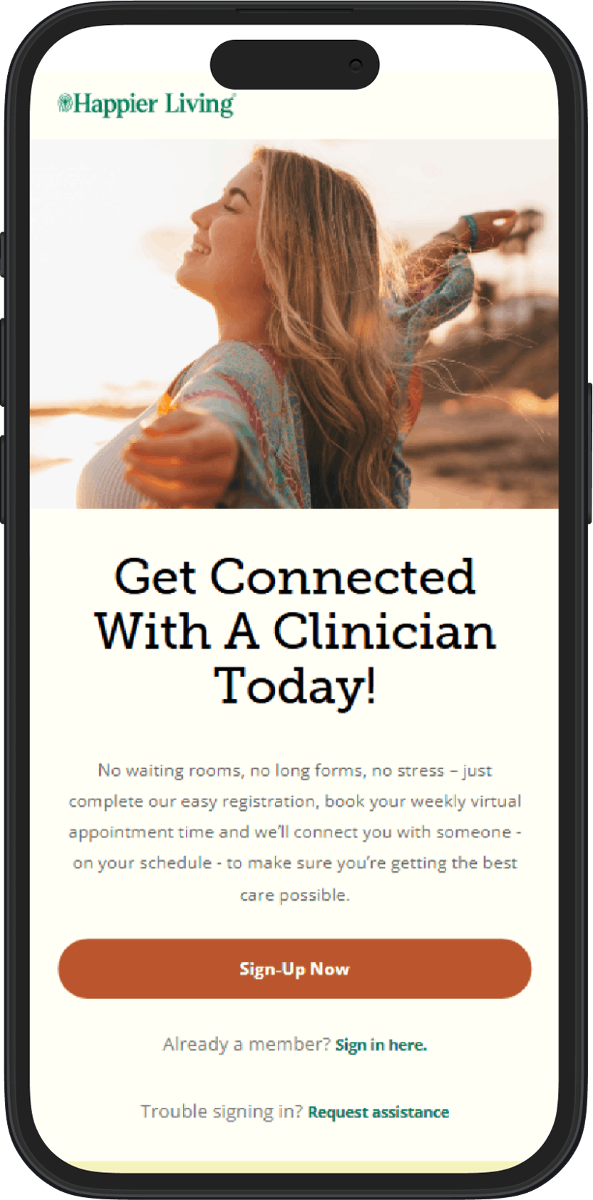 Happier Living connect with a clinician screen