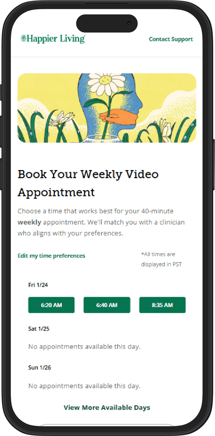 Happier Living Book Your Weekly Video Appointment screen