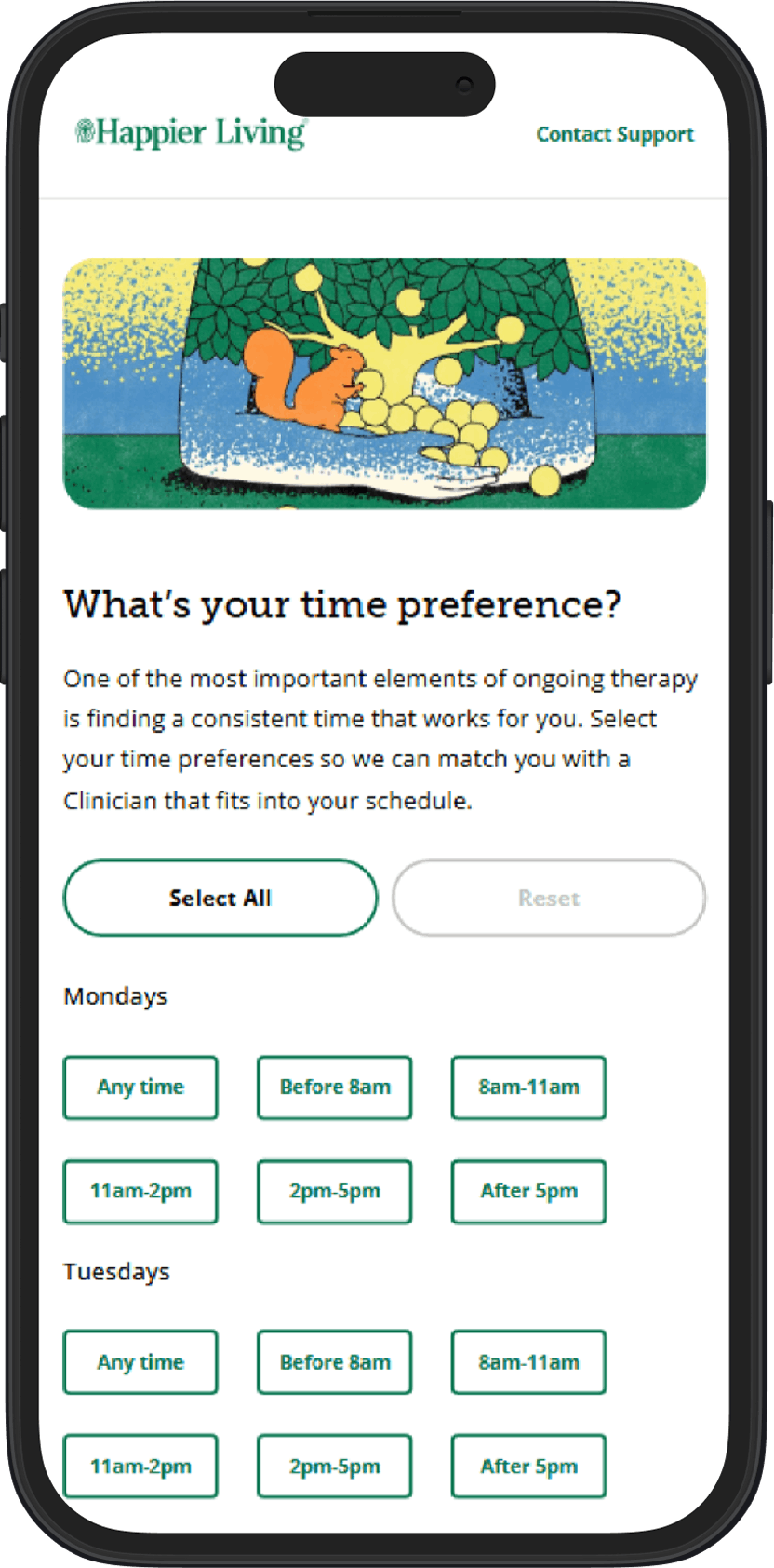 Happier Living appointment scheduling screen
