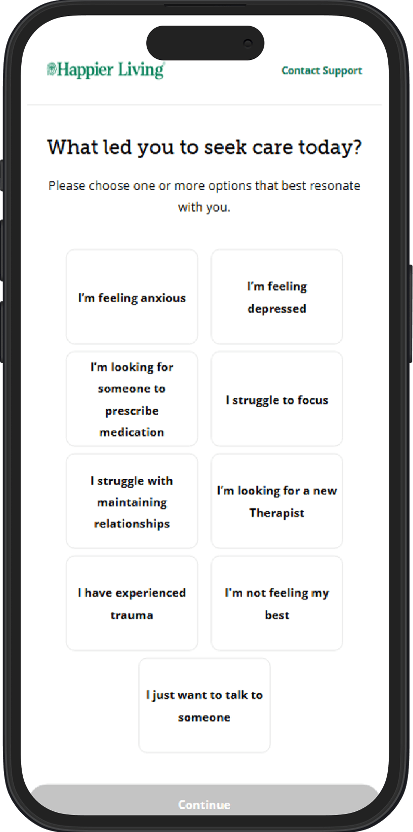 Happier Living Questionnaire screen