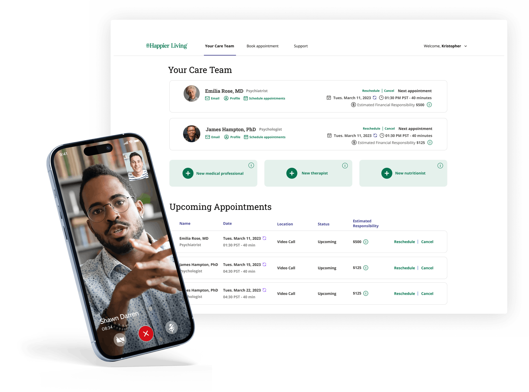 Happier Living teletherapy session screenshot