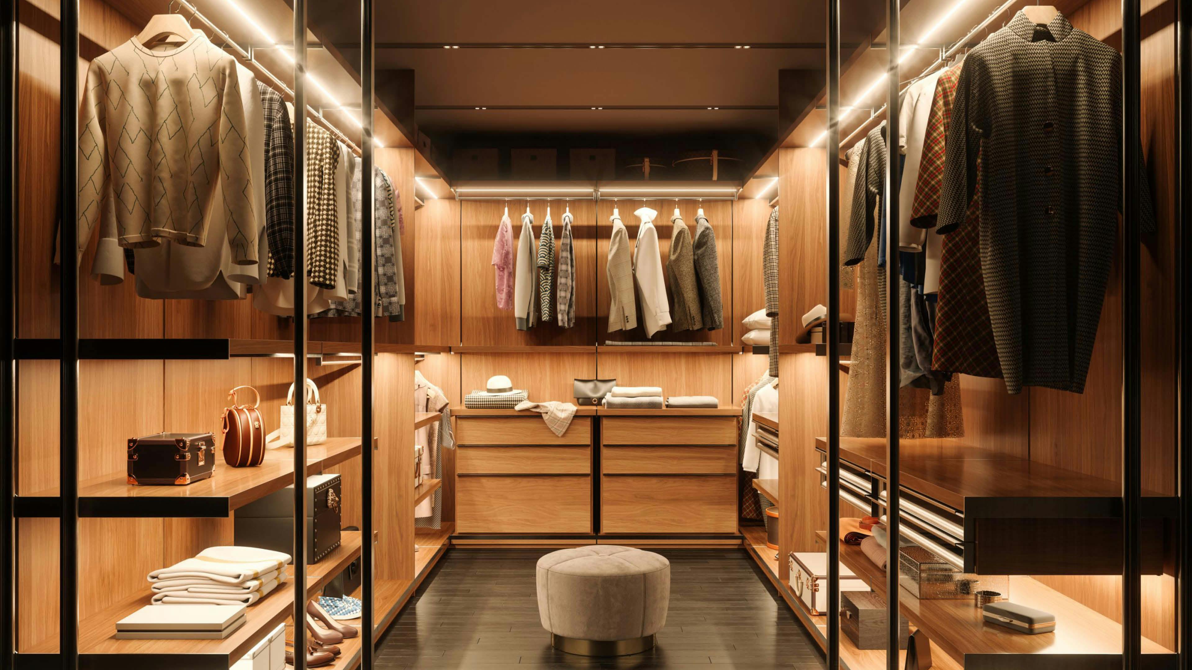 Chic wooden walk-in closet