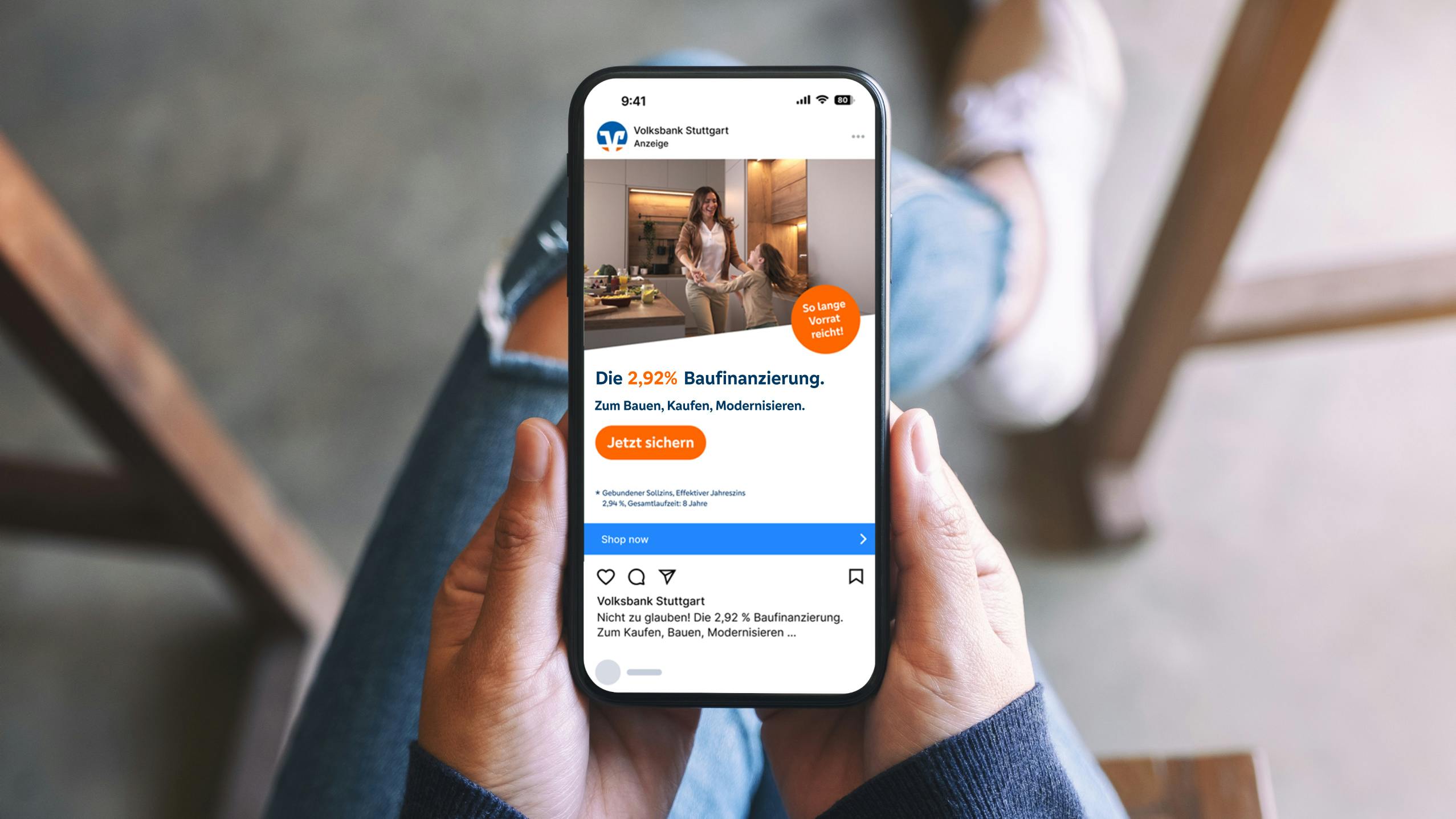 Instagram Advertising, Werbeanzeige für das Baufinanzierungsmodell der Volksbank Stuttgart eG